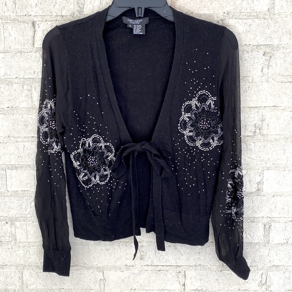 Karen Kane Vintage Tie Waist Black Beaded Cardigan. Size S